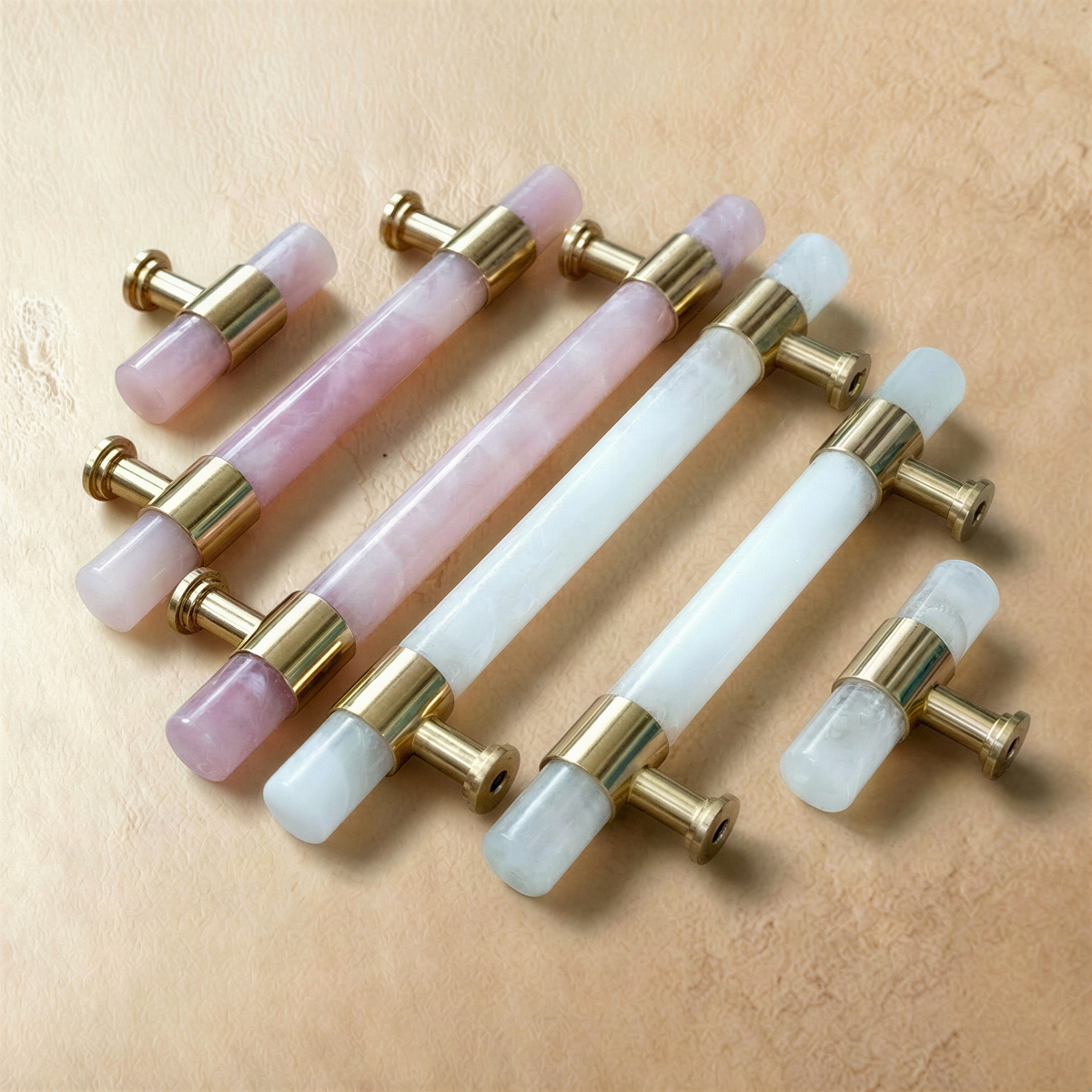Natural Marble & Crystal Cabinet Knobs & Drawer Pulls, Modern Kitchen & Dresser Hardware, Brass Fittings, Set of 2 in 5 Colors, 2.4-5in