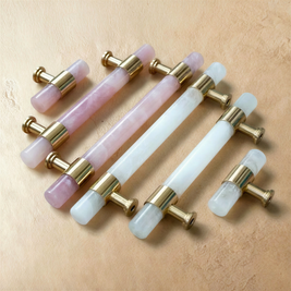 Natural Marble & Crystal Cabinet Knobs & Drawer Pulls, Modern Kitchen & Dresser Hardware, Brass Fittings, Set of 2 in 5 Colors, 2.4-5in