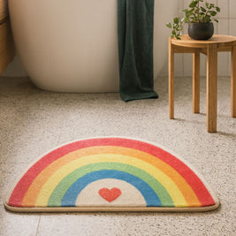 Half Moon Bath Mat with Rainbow Arc, Soft Absorbent Bathroom & Shower Mat, Machine Washable Non Slip, 4 Designs, 3 Sizes