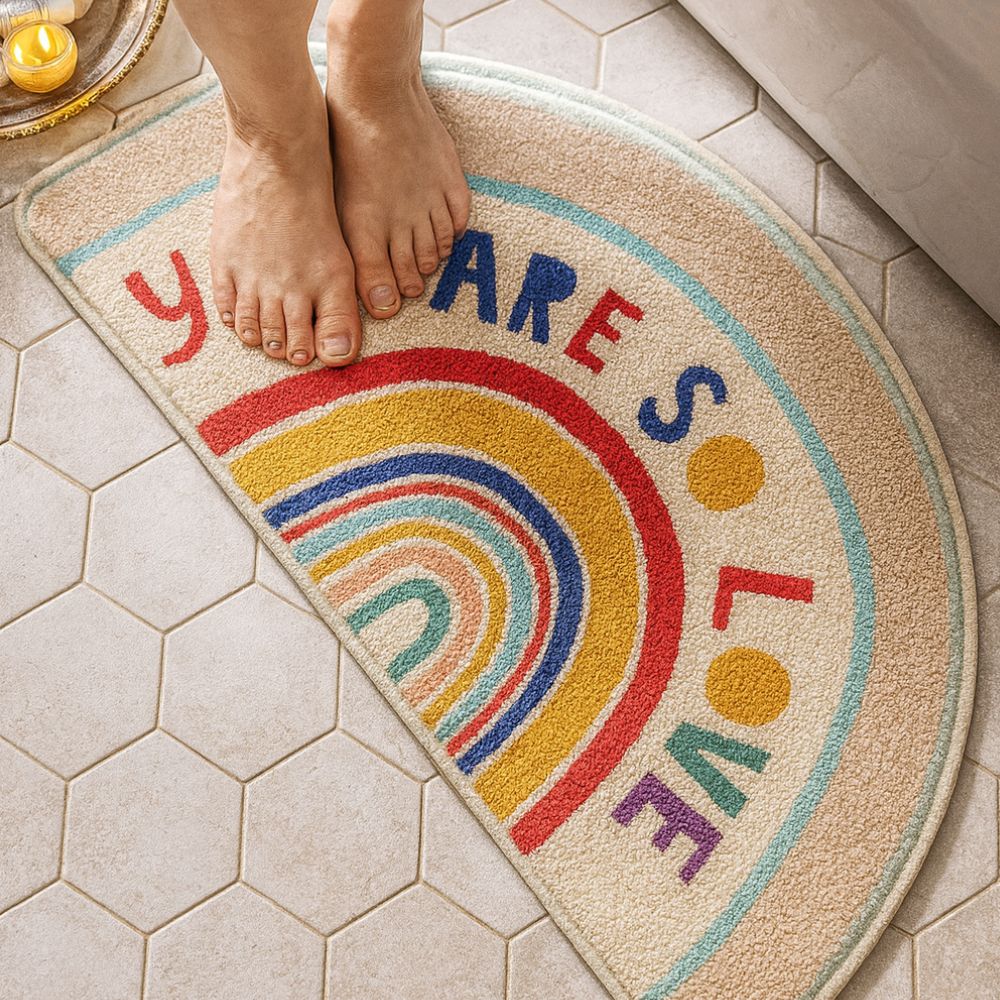 Half Moon Bath Mat with Rainbow Arc, Soft Absorbent Bathroom & Shower Mat, Machine Washable Non Slip, 4 Designs, 3 Sizes