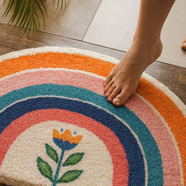 Half Moon Bath Mat with Rainbow Arc, Soft Absorbent Bathroom & Shower Mat, Machine Washable Non Slip, 4 Designs, 3 Sizes