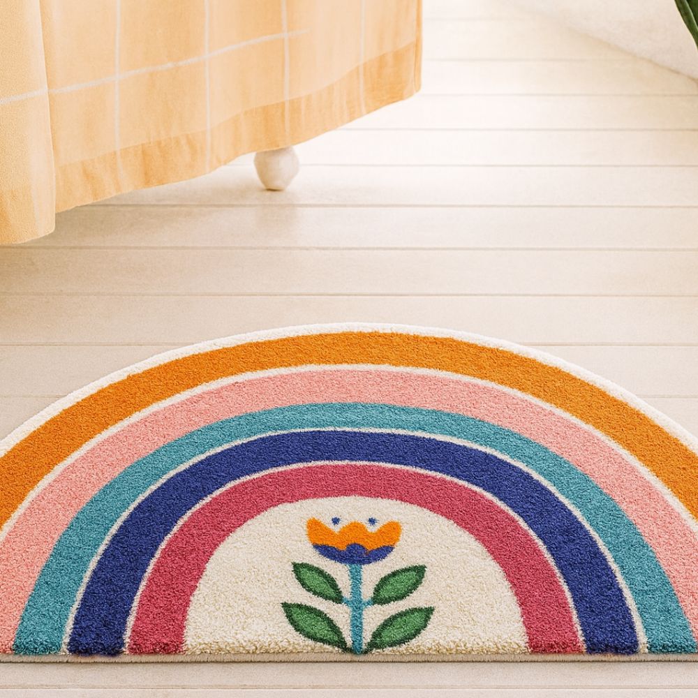 Half Moon Bath Mat with Rainbow Arc, Soft Absorbent Bathroom & Shower Mat, Machine Washable Non Slip, 4 Designs, 3 Sizes