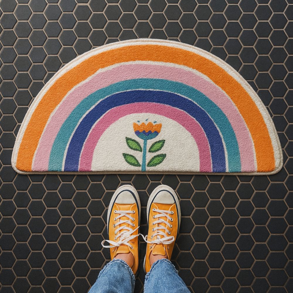Half Moon Bath Mat with Rainbow Arc, Soft Absorbent Bathroom & Shower Mat, Machine Washable Non Slip, 4 Designs, 3 Sizes