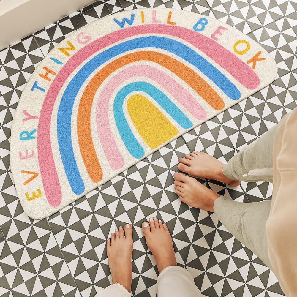 Half Moon Bath Mat with Rainbow Arc, Soft Absorbent Bathroom & Shower Mat, Machine Washable Non Slip, 4 Designs, 3 Sizes