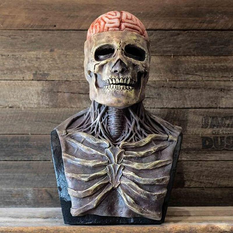 Latex Skeleton Bust Mask with Exposed Brain, Realistic Halloween Mask for Adults, Full Head & Chest Piece, Haunted House & Costume Party