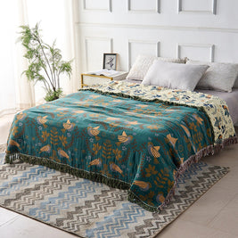 100% Cotton Jacquard Throw Blanket with Bird Motif, Reversible Scandi Folk Bed & Sofa Throw, Fringed Edges, 3 Sizes