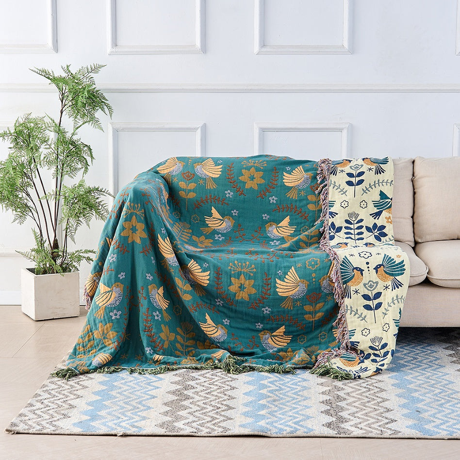 100% Cotton Jacquard Throw Blanket with Bird Motif, Reversible Scandi Folk Bed & Sofa Throw, Fringed Edges, 3 Sizes