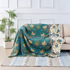 100% Cotton Jacquard Throw Blanket with Bird Motif, Reversible Scandi Folk Bed & Sofa Throw, Fringed Edges, 3 Sizes