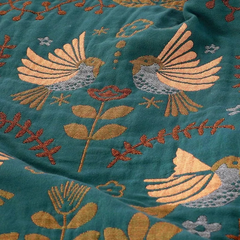 100% Cotton Jacquard Throw Blanket with Bird Motif, Reversible Scandi Folk Bed & Sofa Throw, Fringed Edges, 3 Sizes