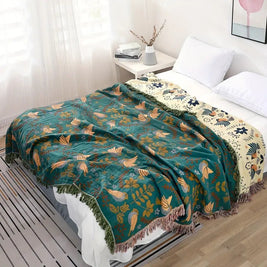 100% Cotton Jacquard Throw Blanket with Bird Motif, Reversible Scandi Folk Bed & Sofa Throw, Fringed Edges, 3 Sizes