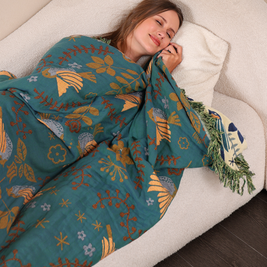 100% Cotton Jacquard Throw Blanket with Bird Motif, Reversible Scandi Folk Bed & Sofa Throw, Fringed Edges, 3 Sizes