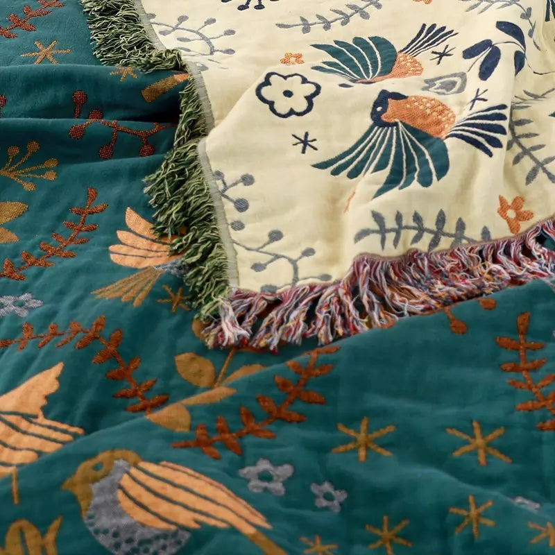 100% Cotton Jacquard Throw Blanket with Bird Motif, Reversible Scandi Folk Bed & Sofa Throw, Fringed Edges, 3 Sizes