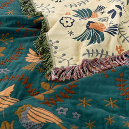 100% Cotton Jacquard Throw Blanket with Bird Motif, Reversible Scandi Folk Bed & Sofa Throw, Fringed Edges, 3 Sizes