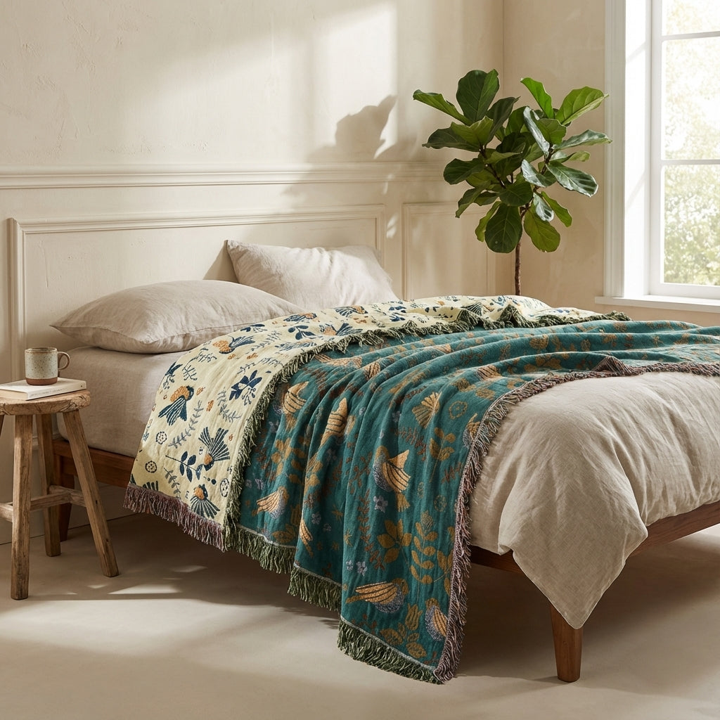 100% Cotton Jacquard Throw Blanket with Bird Motif, Reversible Scandi Folk Bed & Sofa Throw, Fringed Edges, 3 Sizes