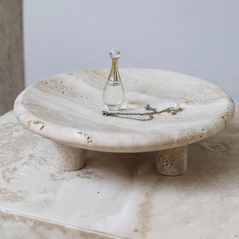 Travertine Footed Tray, Stone Coffee Table Tray with Three Legs, 9.6in