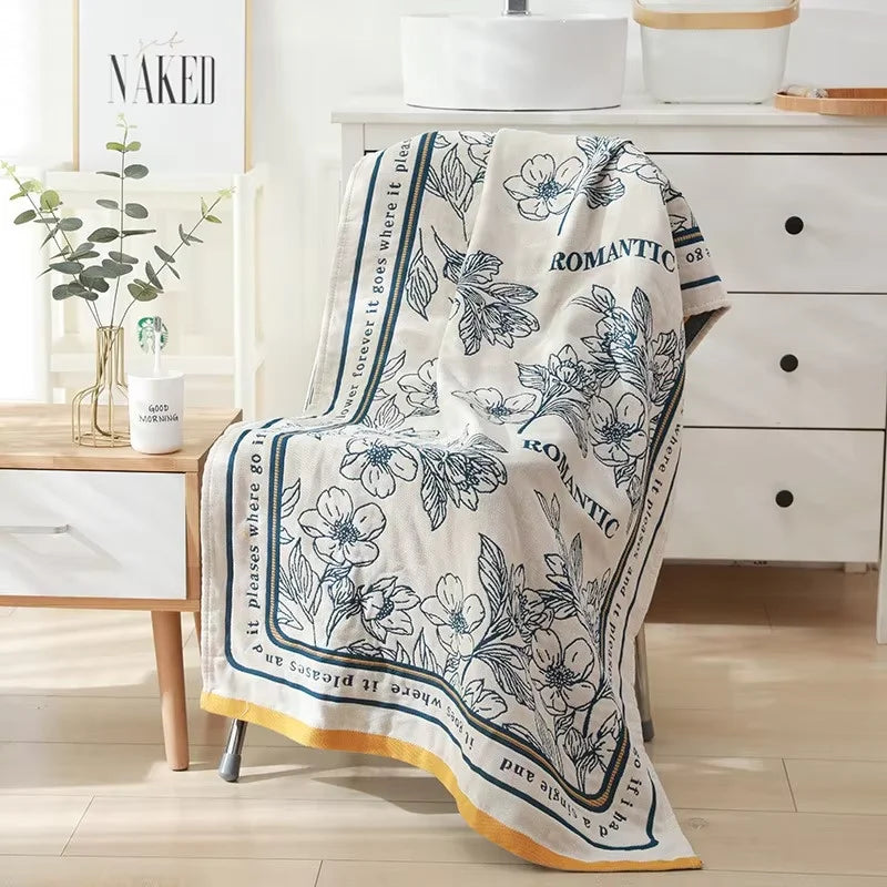 Floral Gauze Bath Towel, Lightweight Soft Absorbent Sauna, Gym & Shower Towel, Quick Dry, 5 Designs