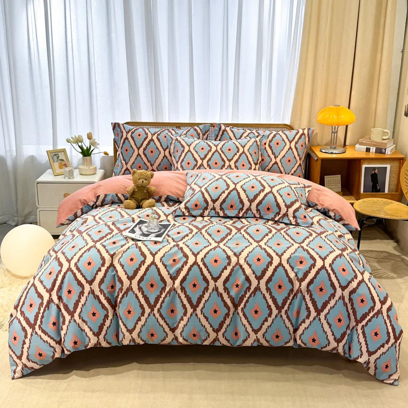 Retro Print Bedding Set of 4 with Duvet Cover, Flat Sheet & 2 Pillowcases, 100% Cotton, Brushed Finish, 23 Designs, 2 Sizes