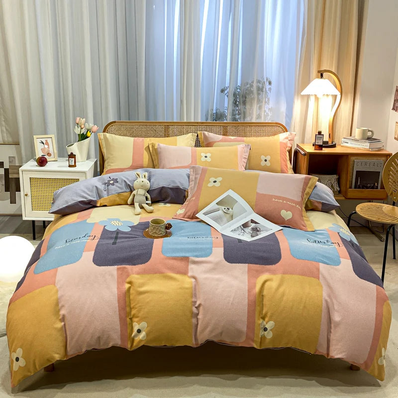 Retro Print Bedding Set of 4 with Duvet Cover, Flat Sheet & 2 Pillowcases, 100% Cotton, Brushed Finish, 23 Designs, 2 Sizes