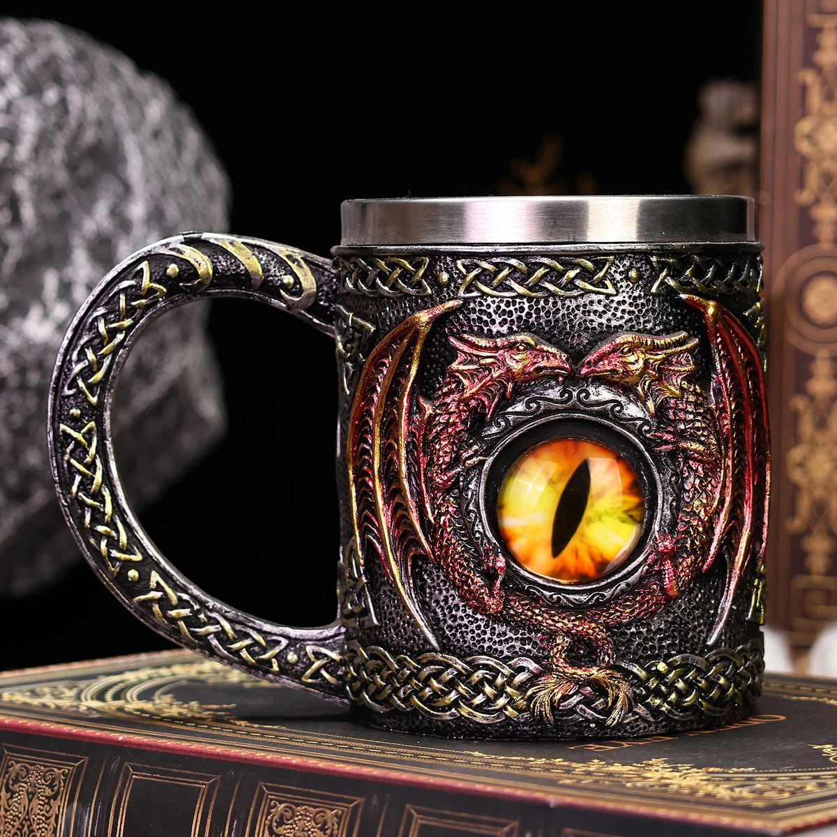 Pack of 3 Medieval Dragon Tankard, Resin Beer Stein with Stainless Steel Liner, Gothic Skull & Dragon Eye Mug, 4 Styles, 15oz, 5.5in