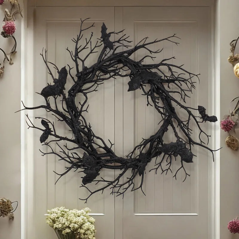 Pack of 4 Halloween Bat Wreaths with LED Lights, Black Branch Front Door Wreath with Bats, Battery Operated, 16.5in