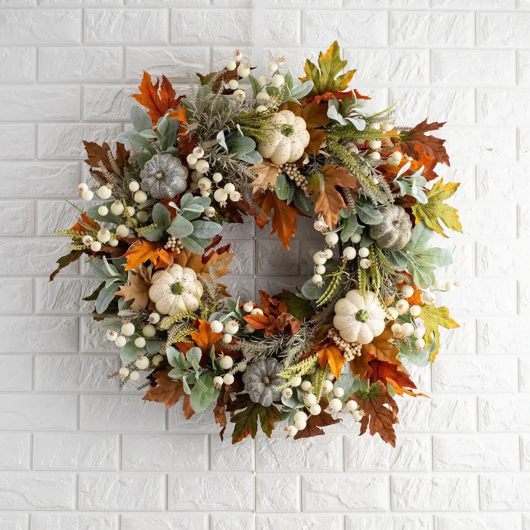 Pack of 2 Farmhouse Fall Wreaths, Artificial Autumn Wreath with White Pumpkins, Berries & Maple Leaves for Front Door, 3 Sizes, 13.8-17.7in