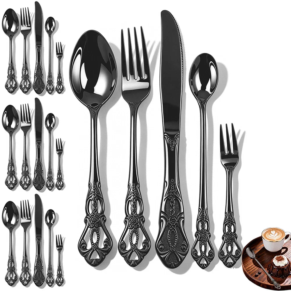 Vintage Baroque Flatware Set, 20-Piece Stainless Steel Cutlery for 4, Ornate Scroll Handles, Black, Gold, Silver & More