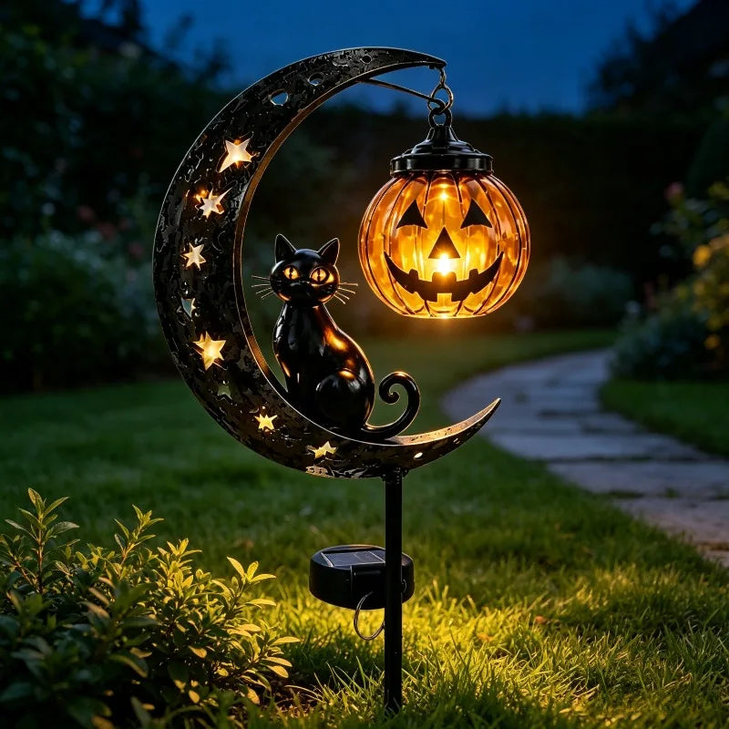 Solar Halloween Garden Stake Light, Black Cat & Crescent Moon with Pumpkin Lantern, Wrought Iron Yard Decor, 3 Styles, 33.5in