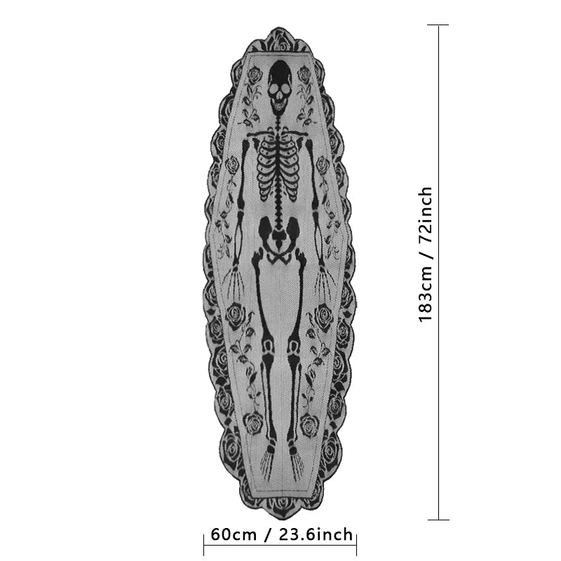 Halloween Table Runner, Black Lace Skeleton & Rose Gothic Table Decor, Coffin Shape with Scalloped Edge, 23.6 x 72in