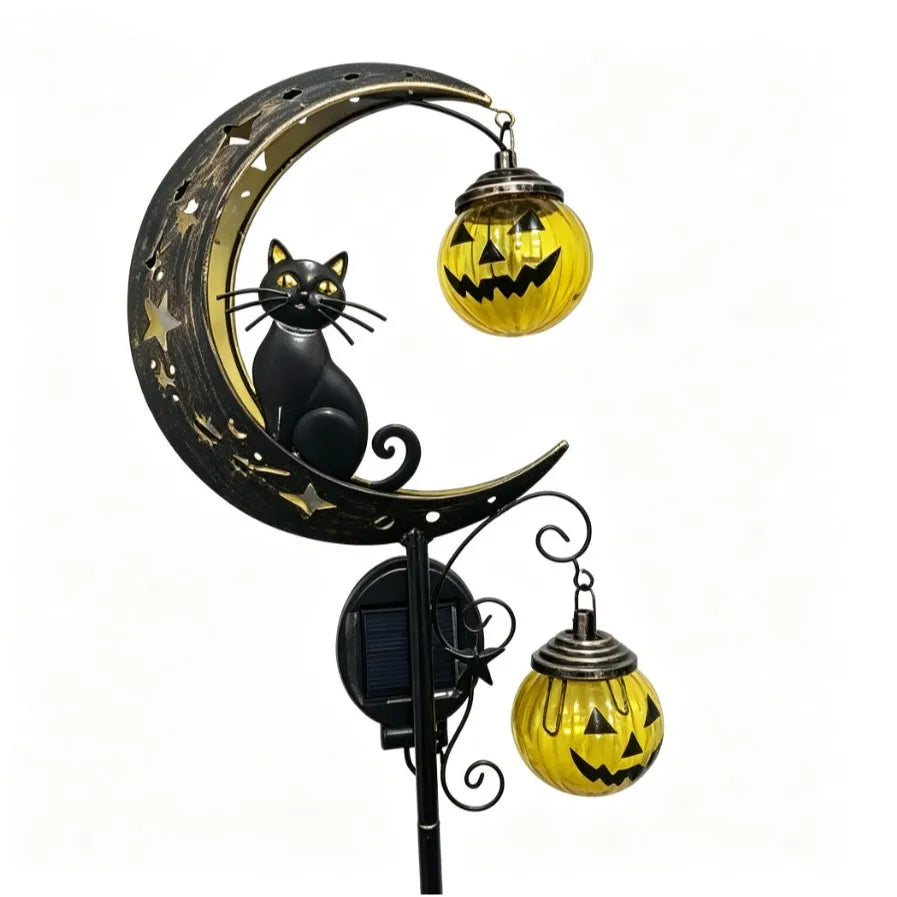 Solar Halloween Garden Stake Light, Black Cat & Crescent Moon with Pumpkin Lantern, Wrought Iron Yard Decor, 3 Styles, 33.5in