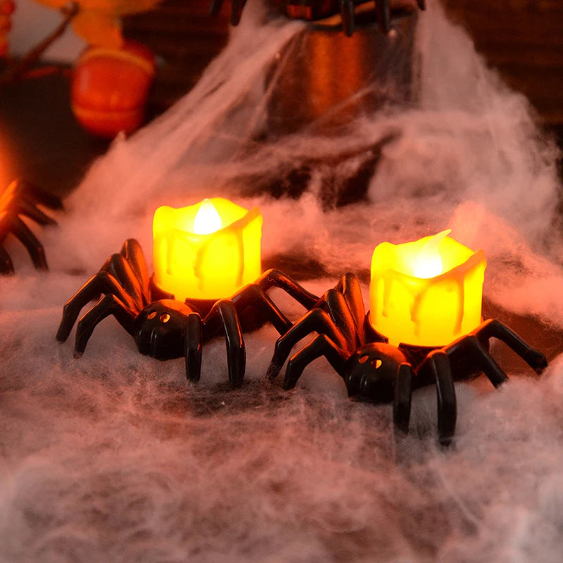 Spider LED Tealight Candles, Halloween Flameless Candles for Table & Haunted House Decor, Black Spider Base, Set of 10, 3.3in