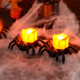 Spider LED Tealight Candles, Halloween Flameless Candles for Table & Haunted House Decor, Black Spider Base, Set of 10, 3.3in