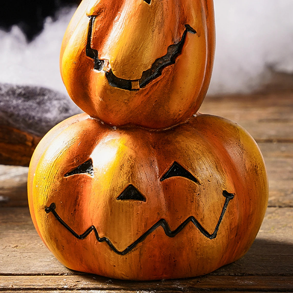 Pack of 5 Stacked Pumpkin Candlestick, Halloween Taper Candle Holder for Mantel & Table, Jack-o'-Lantern Faces, Resin, 6.9in
