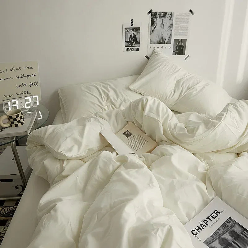 Washed Cotton Bedding Set of 4, Soft Duvet Cover, Sheet & Pillowcases, Solid Color, 14 Colors, 5 Sizes
