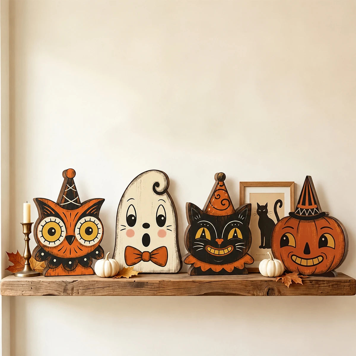 Vintage Halloween Wooden Shelf Sitters, Painted Ghost, Pumpkin, Black Cat, Owl & Skeleton Figures, Set of 6, 4in