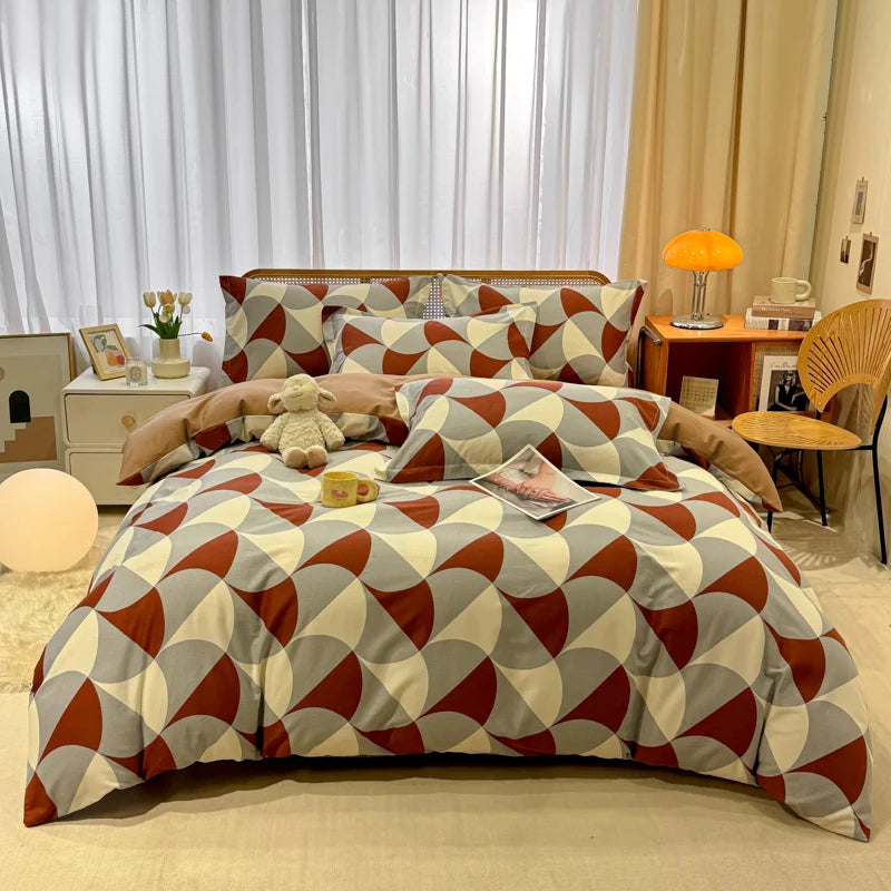 Retro Print Bedding Set of 4 with Duvet Cover, Flat Sheet & 2 Pillowcases, 100% Cotton, Brushed Finish, 23 Designs, 2 Sizes