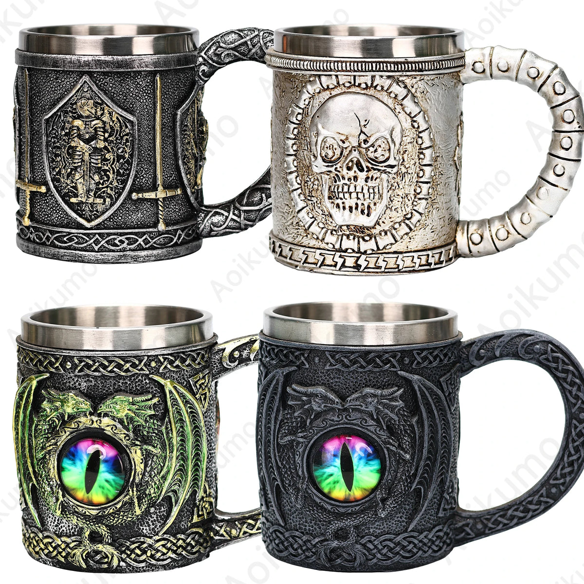 Pack of 3 Medieval Dragon Tankard, Resin Beer Stein with Stainless Steel Liner, Gothic Skull & Dragon Eye Mug, 4 Styles, 15oz, 5.5in