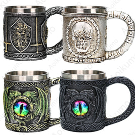 Pack of 3 Medieval Dragon Tankard, Resin Beer Stein with Stainless Steel Liner, Gothic Skull & Dragon Eye Mug, 4 Styles, 15oz, 5.5in