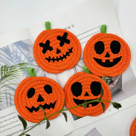 Halloween Coasters, Handwoven Cotton Pumpkin Coasters with Jack-o'-Lantern Faces, Absorbent Drink Coasters, Set of 8