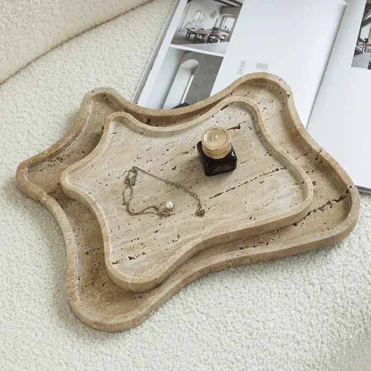 Travertine Vanity Tray, Bathroom Perfume Tray for Dresser, Stone, 9.4-13in