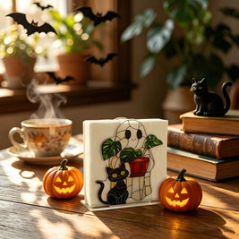 Pack of 6 Halloween Napkin Holder,s Printed Acrylic Ghost Design with Stained-Glass Look for Kitchen & Dining Table, 4 Designs, 4.7in