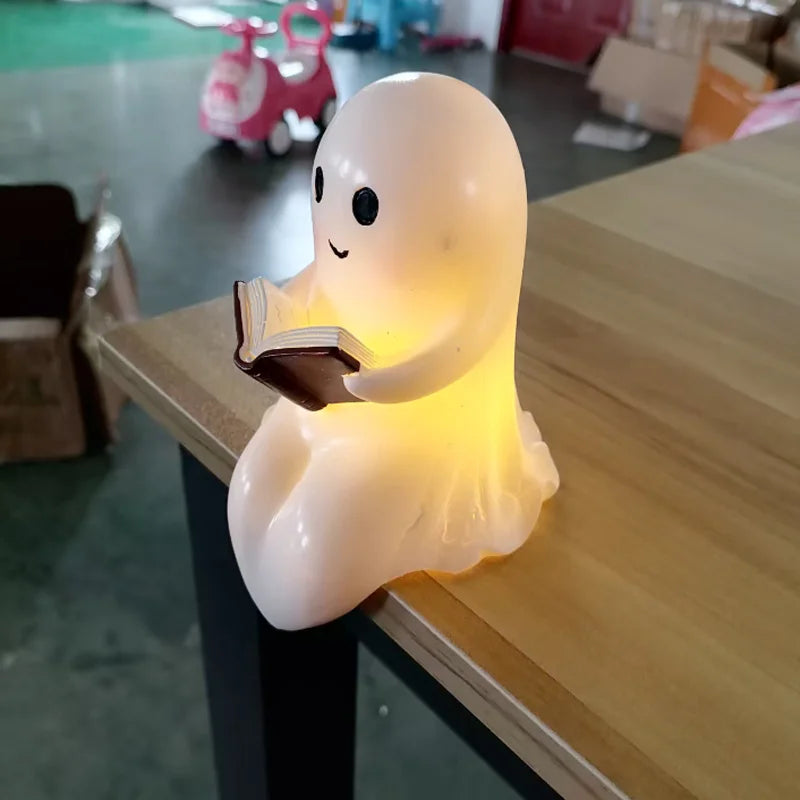 Pack of 3 Ghost Reading Book Lamp, Halloween Ghost Night Light & Shelf Decor, Battery Operated Glowing White Ghost with Book, 5.5in