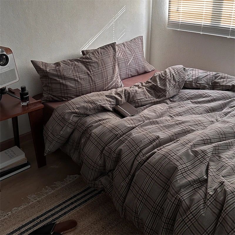Japanese Style Plaid Duvet Cover Set with 2 Pillowcases, 100% Cotton Bedding, 200 Thread Count, No Filling, 3 Colors, 3 Sizes