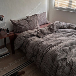 Japanese Style Plaid Duvet Cover Set with 2 Pillowcases, 100% Cotton Bedding, 200 Thread Count, No Filling, 3 Colors, 3 Sizes