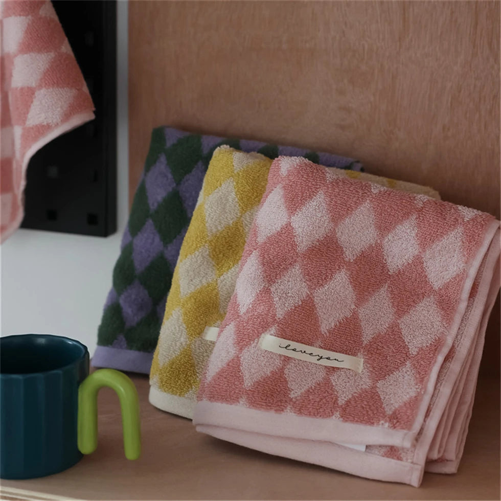 Checkered Jacquard Cotton Towel, Soft Absorbent Hand & Hair Towel, Yarn Dyed Pure Cotton, 2 Colors, 14x30in