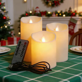 Rechargeable Flameless Candles with Remote, USB LED Pillar Candles with Moving Flame, Ivory Wax Look, Set of 3, 4-6in