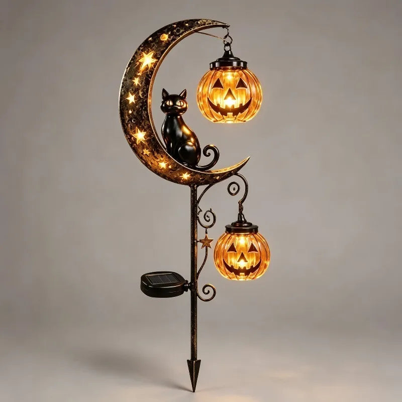 Solar Halloween Garden Stake Light, Black Cat & Crescent Moon with Pumpkin Lantern, Wrought Iron Yard Decor, 3 Styles, 33.5in