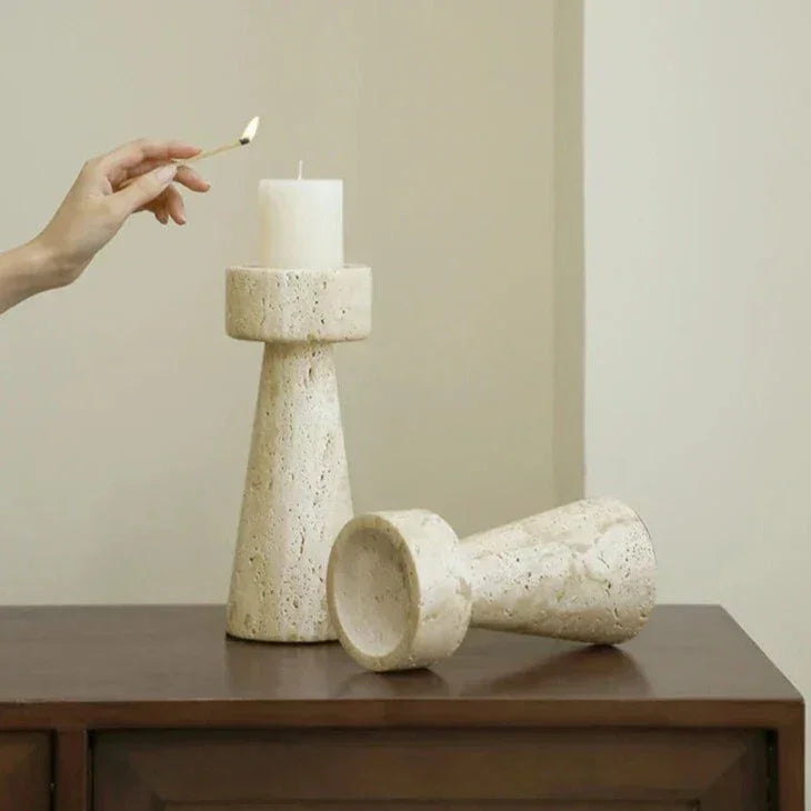 Travertine Taper Candle Holder, Handcrafted Candlestick, 2 Sizes, 7-9in