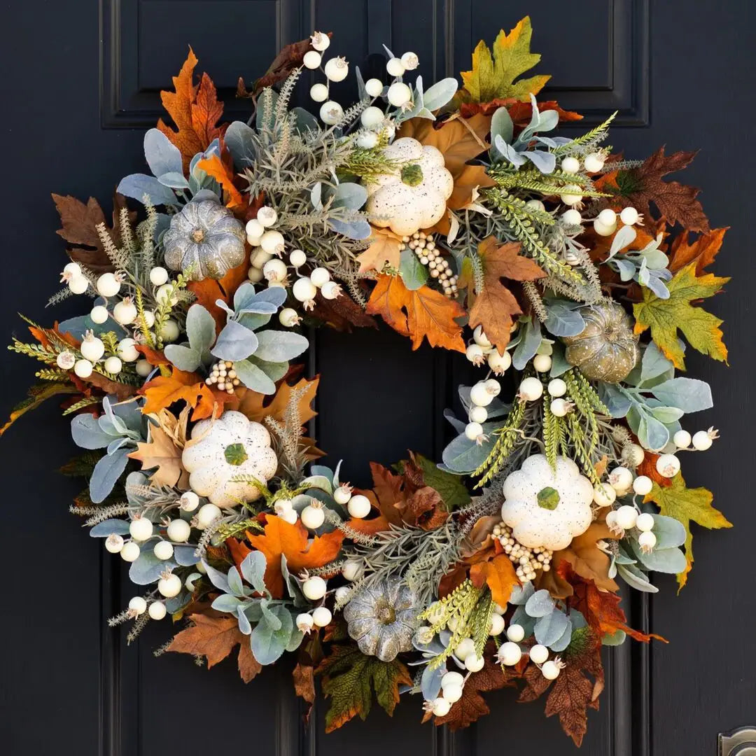 Pack of 2 Farmhouse Fall Wreaths, Artificial Autumn Wreath with White Pumpkins, Berries & Maple Leaves for Front Door, 3 Sizes, 13.8-17.7in