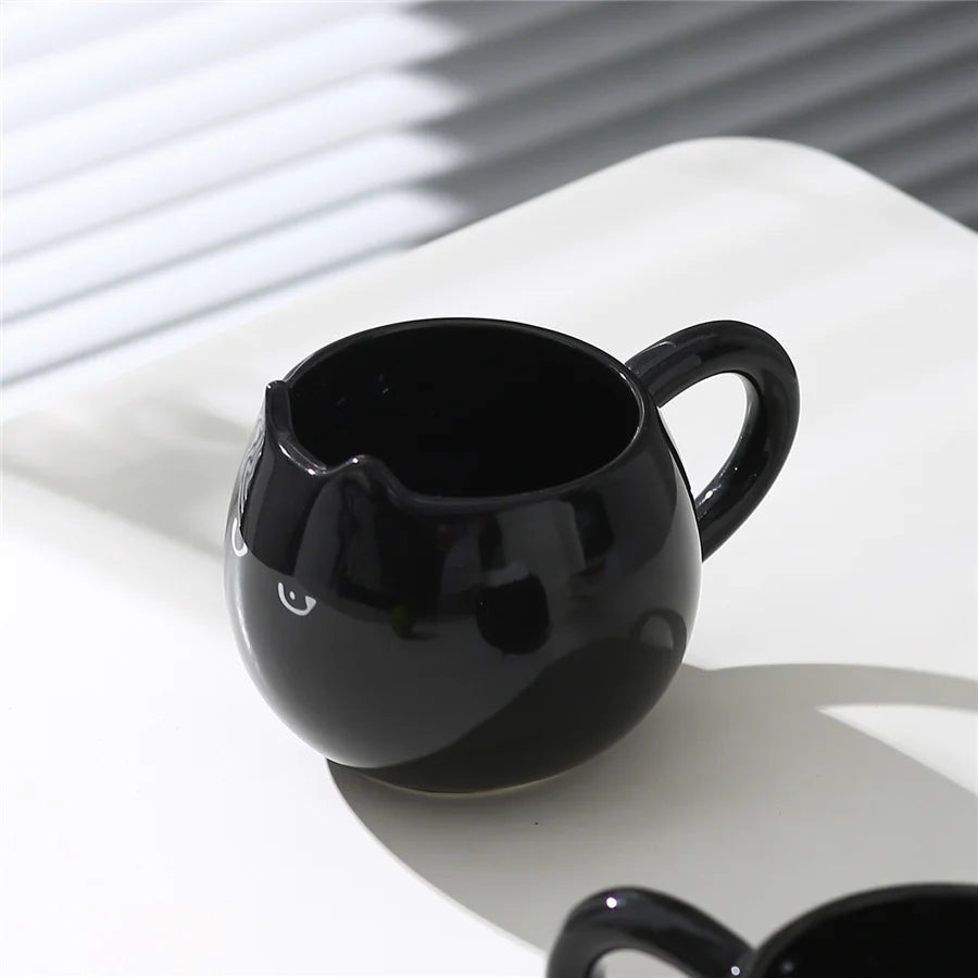Pack of 4 Black Cat Mugs, Ceramic Cat Shaped Coffee Cup with Ears, Glossy Black Halloween & Everyday Mug, 13oz, 3.3in