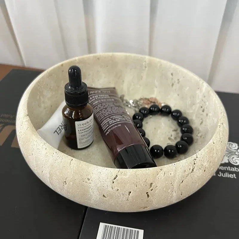 Travertine Look Marble Catchall, Minimalist Vanity Tray or Bowl, 4.7-8.3in